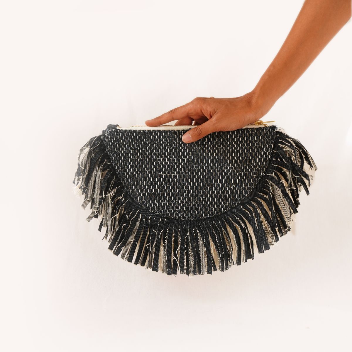 DENIM ON LOOM SEMI CIRCLE POUCH