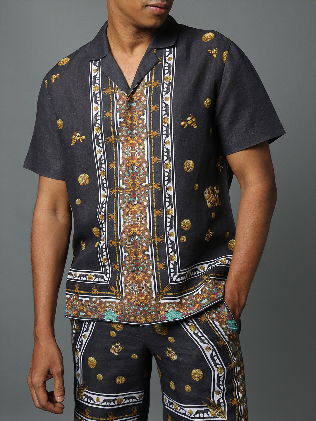 MURAL HAWAIAN SHIRT LINEN BLACK