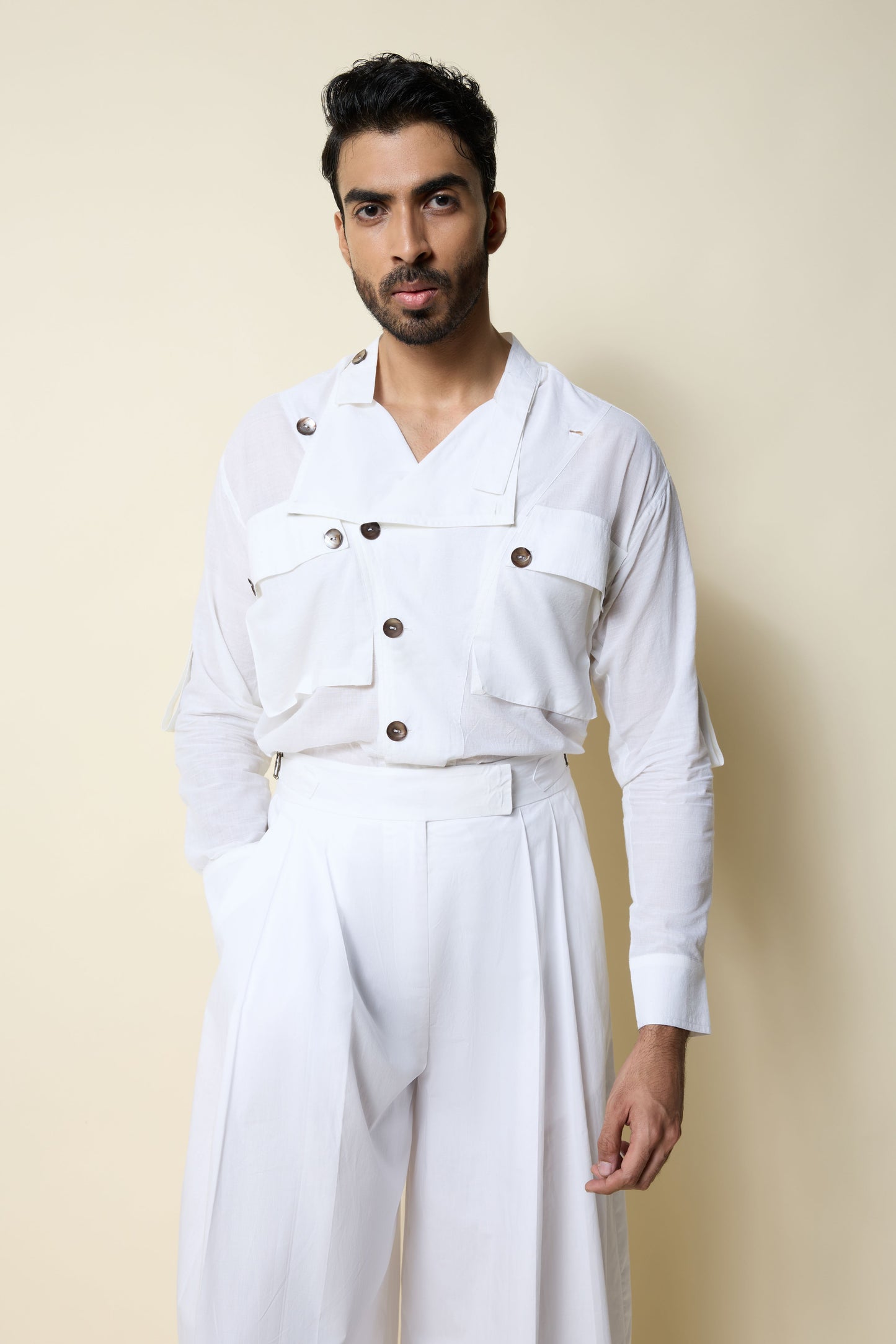 WHITE KHADI MULMUL UTILITY SHIRT