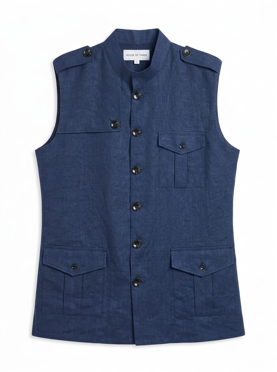 NAVY LINEN UTILITY WAISTCOAT