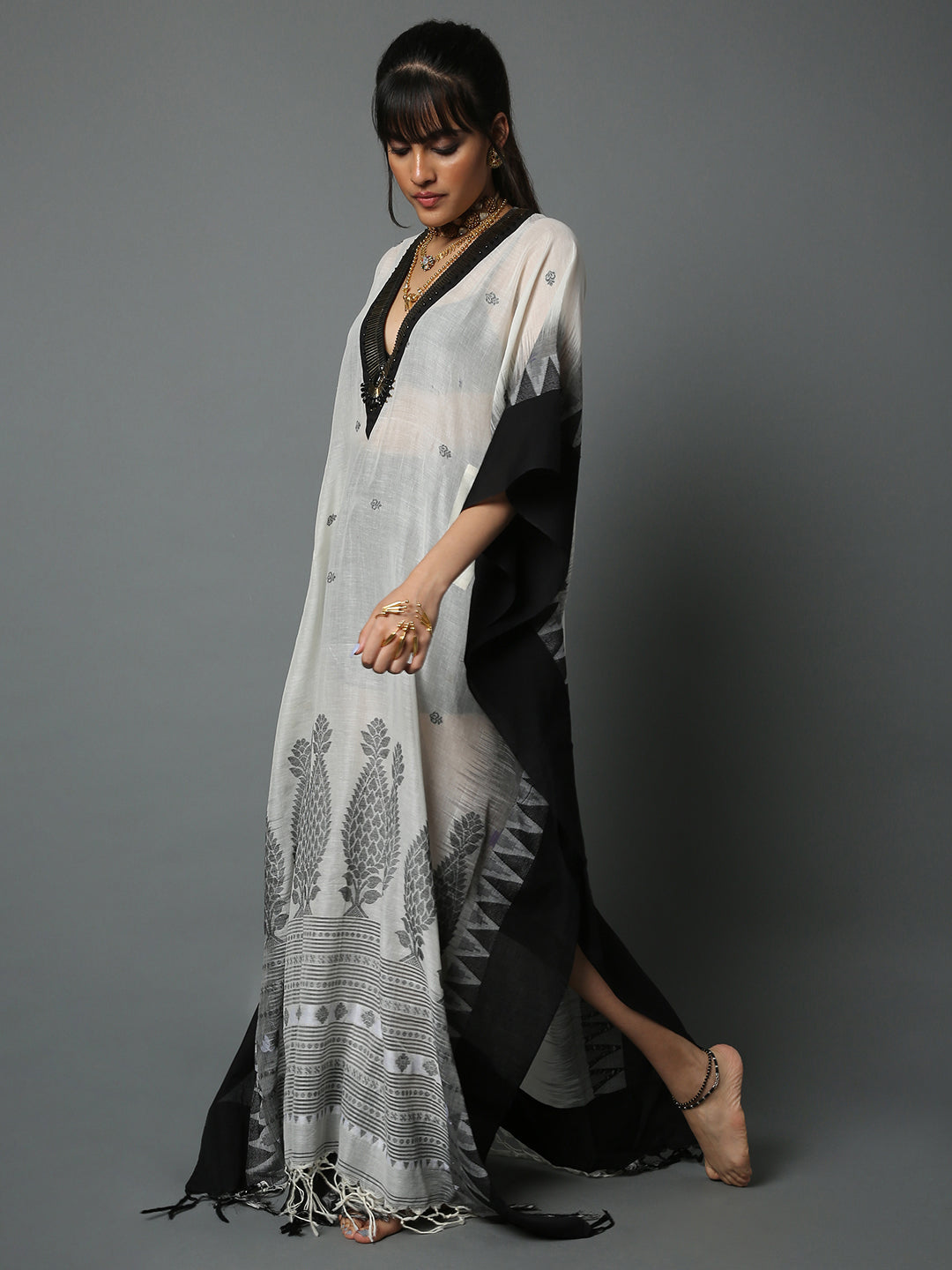 kaftan dress black and white Floral Printed Black Polyester Kaftan Dress For Plus Size Women