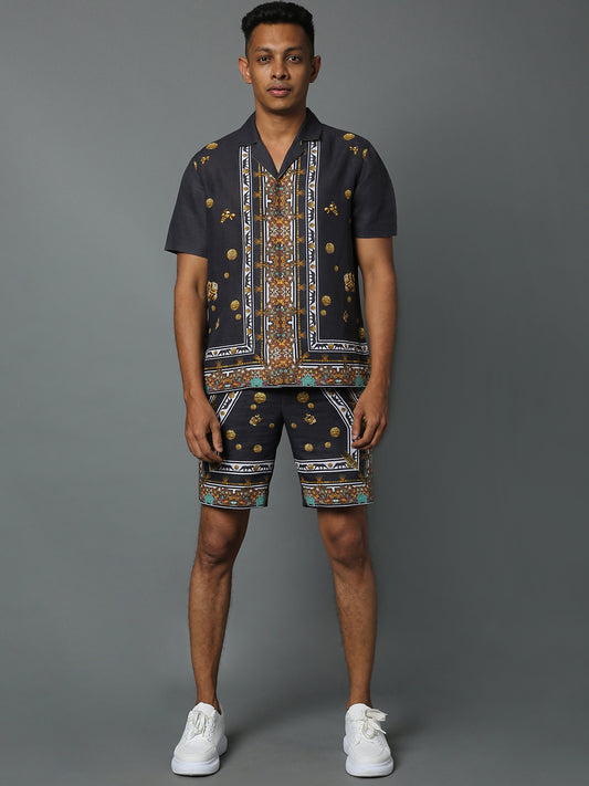 MURAL HAWAIAN SHIRT LINEN BLACK