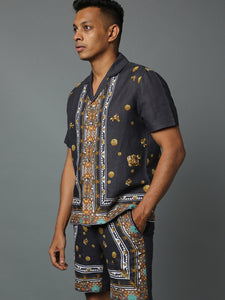 MURAL HAWAIAN SHIRT LINEN BLACK