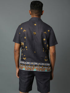 MURAL HAWAIAN SHIRT LINEN BLACK